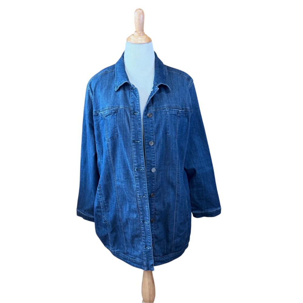 Chicos Long Denim Jacket Dark Wash Button Front Stretch Cotton Blue Size 4 XXL